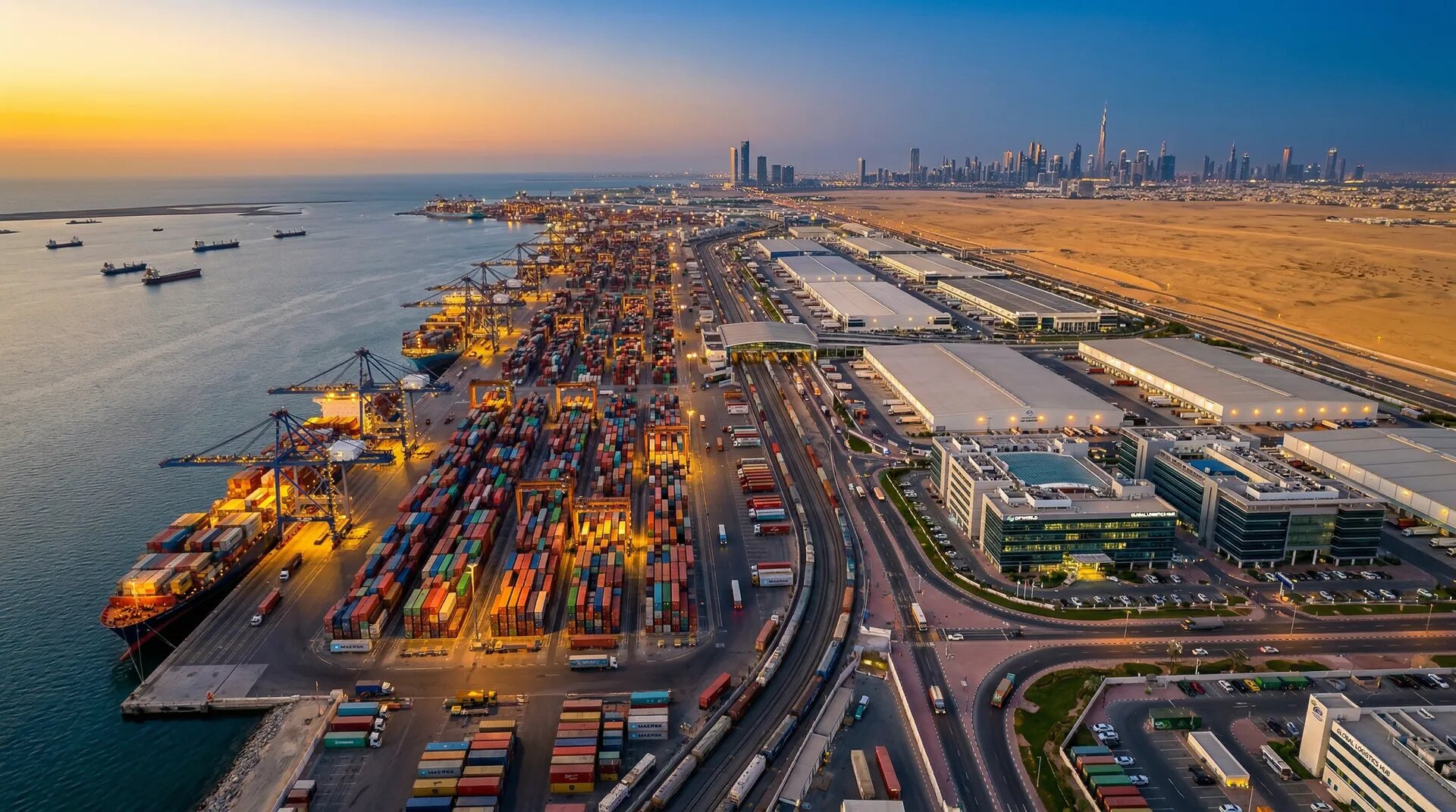 UAE logistics hub at twilight